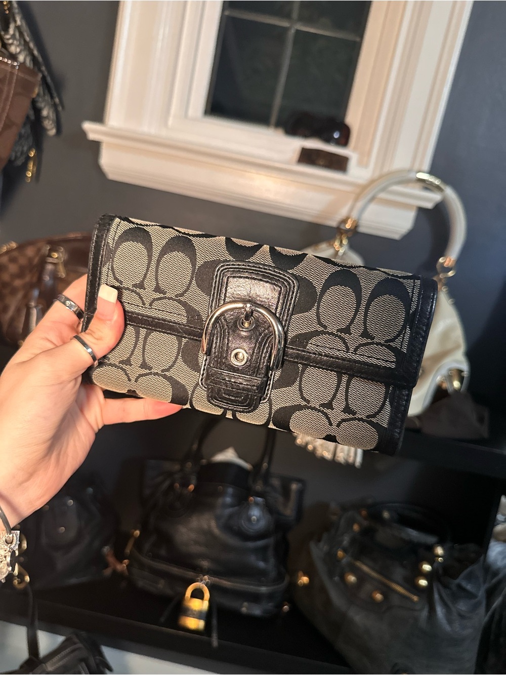 Coach Soho Signature Jacquard Buckle Wallet in black-on-charcoal monogram canvas